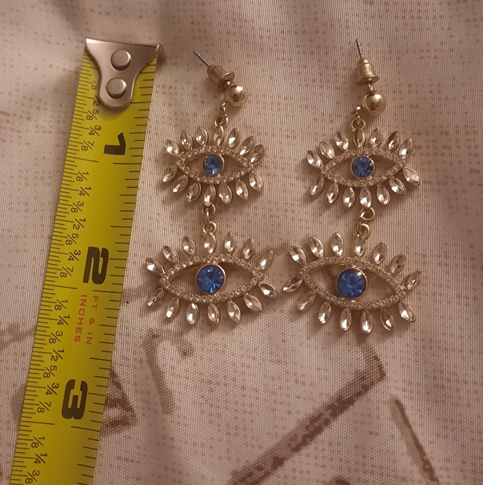 Eye-Shaped Dangle Earrings with Blue Accents